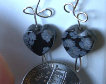 Sterling Silver Dangle Earrings with Genuine Snowflake Obsidian Stone Hearts