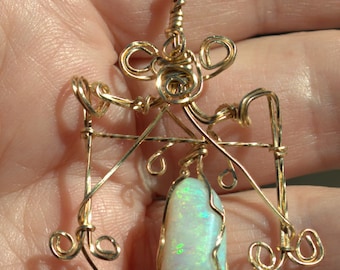 Natural Solid Australian Opal 14k gold fill wire wrap 3.7ct Pendant Hand cut with 14k gold fill chain