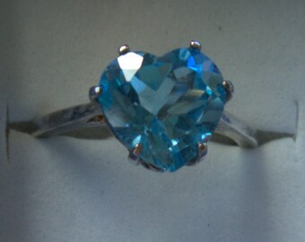Sterling Silver Natural Swiss Blue Topaz 10mm Heart Ring 3ct size 7