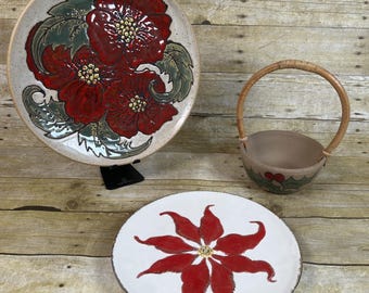 Art Pottery Christmas Holiday Serving Collection • Platter & Basket • 3PCS VTG