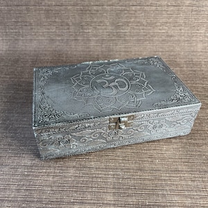 Metal-Wrapped Wooden Box with Om Symbol – Velvet Lined – Decorative Keepsake Box