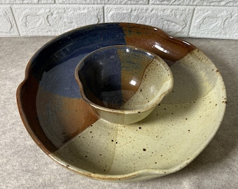 VTG Art Pottery Fruit Chips Salsa Platter & Bowl • Hand Thrown Glazed • Signed HP