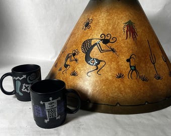 Kokopelli Lamp Shade painted by Prophet-signed w/2 free Petroglyph Mugs by Moats