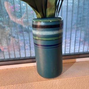 Bitossi Rosenthal Netter Vase – 1960s Italian Pottery – Blue Striped Fasce Colorate – Aldo Londi MCM Ceramic – 11.5&quot; Vintage Decor