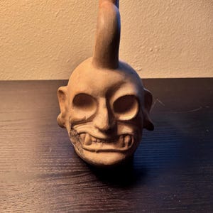 Authentic Rare Moche Demon Effigy Vessel – Pre-Columbian Ceramic Artifact **Chips on face and rim see photos**