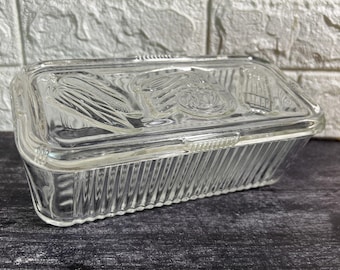 VTG Federal Glass Ribbed Refrigerator Dish • Embossed Vegetable Lid • 1960s