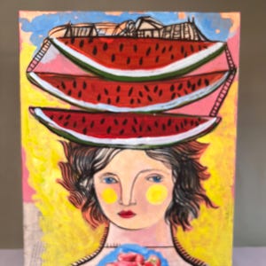 Watermelon Lady – Original Mixed Media Collage by Laura Hoffman, Signed 13×19 Handmade Art