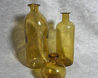 Hand Blown Bubble And Dimpled Glass Amber Vases (3 Piece Collection)