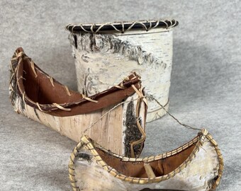 Handmade Signed Birch Bark Wooden Planter & Canoes (3pcs) • Natural Rustic Décor