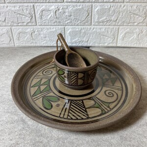 Vintage SW Studio Stoneware Dip & Chip Set w/ Scoop • Signed CB • Handmade