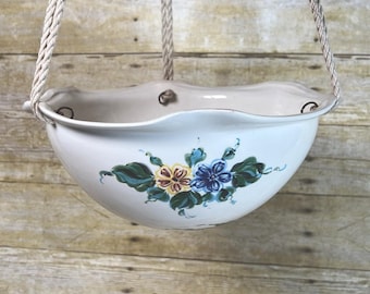 Hanging Ceramic Bowl Planter • Hand‑Painted Floral • Rope • Portugal • Vintage