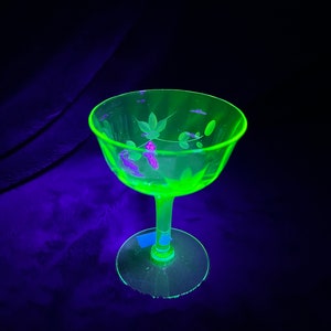 Set of 8 Uranium Glass Champagne Coupes – Elegant Etched | Glows Under UV