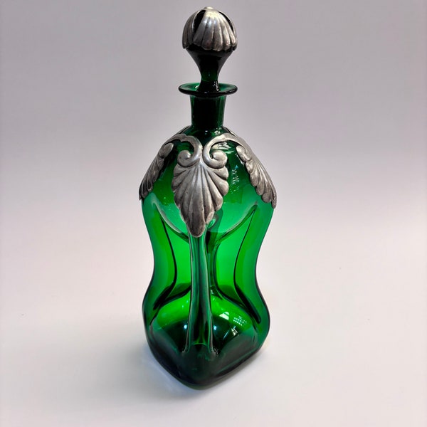 Emerald Green Hand Blown Glass Decanter with Stopper, Vintage Collectible Bottle, Embossed Pewter on Bottle and Stopper, Kluk Kluk, Danish