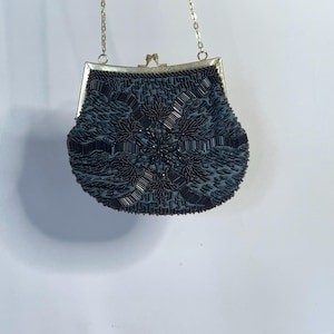 1950s Beaded Evening Bag – Metallic Black Purse Handmade in Hong Kong Vintage