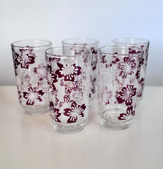 Libbey 1960s Red & White Flower Firework Glasses  Set of 5  Vintage Retro