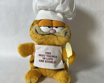 Peluche vintage de Garfield Chef de 1981, nuevo con etiquetas • IMPECABLE • “Las mejores cosas de la vida son comestibles” 30 cm
