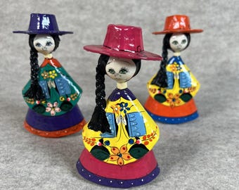 Vintage Tlaquepaque Mexico Papier Mache Girl Folk Art Figures • Hand Painted (3pcs)