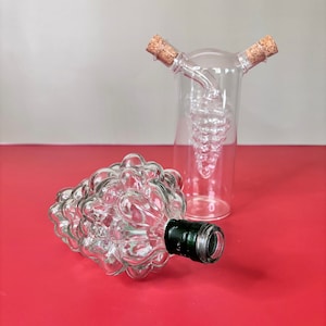Glass Grapes Combo. Vintage single serving wine bottle and not so vintage O&V cruet with grapes blown inside for your balsamic vinegar.
