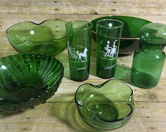 Curated 7 Piece Collection of Iconic Vintage Emerald Glass Pieces