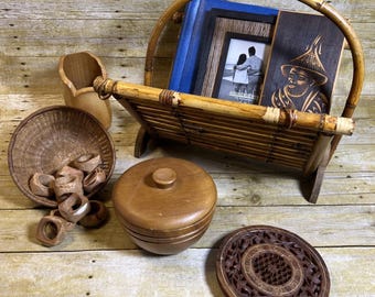 Curated Vintage Wood, Wicker & Rattan Décor Collection • Folk Art • MCM Warm Tones