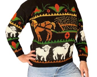 Teasers Farm Sheep VTG Knit Sweater • Women’s M • Novelty Harvest Cottagecore