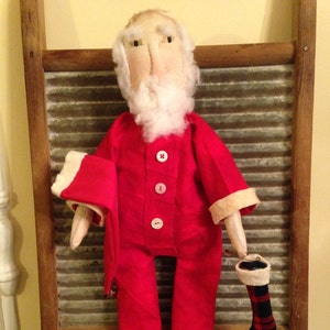 Primitive Country Christmas Santa Doll with Red Flannel Pajamas