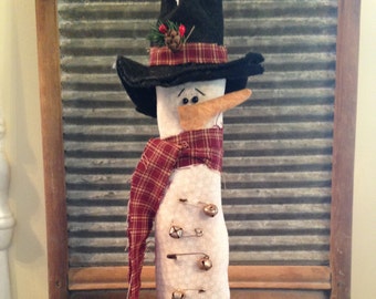 Primitive Tall Thin Winter Snowman with Rusty Bells and Safety Pins