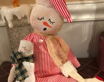 Primitive Sleeping Snowman with Doll and Stocking, Handmade Snowman Doll Waiting Up for Santa Doll