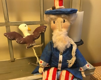Primitive Uncle Sam Doll with Eagle, Patriotic Uncle Sam Doll, Handmade Uncle Sam Doll