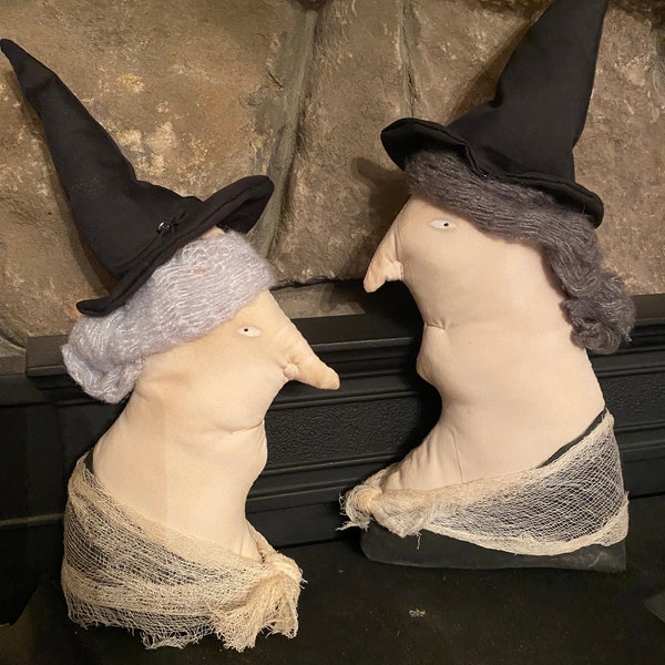 Set of Two Primitive Witches, Halloween Witches Miss. Mason and Harriet Lurvey, Witch Busts