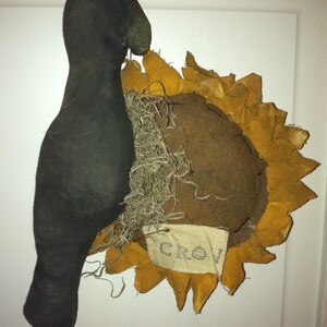 Hanging Primitive Black Crow on Fabric Sunflower