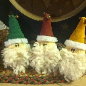 Set of Three Handmade Primitive Christmas Santa Head Ornaments, Tucks, Ornies