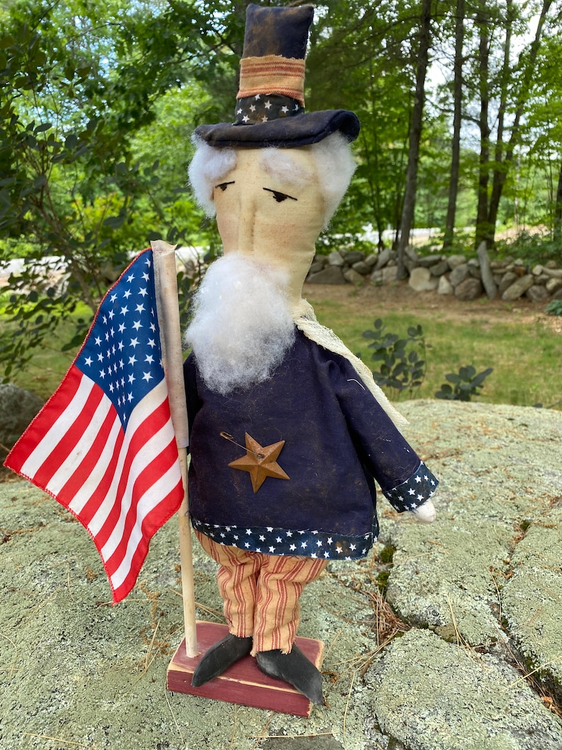 Standing Primitive Uncle Sam on Wooden Base, Farmhouse Uncle Sam, Uncle Sam Figure, Uncle Sam Doll image 5