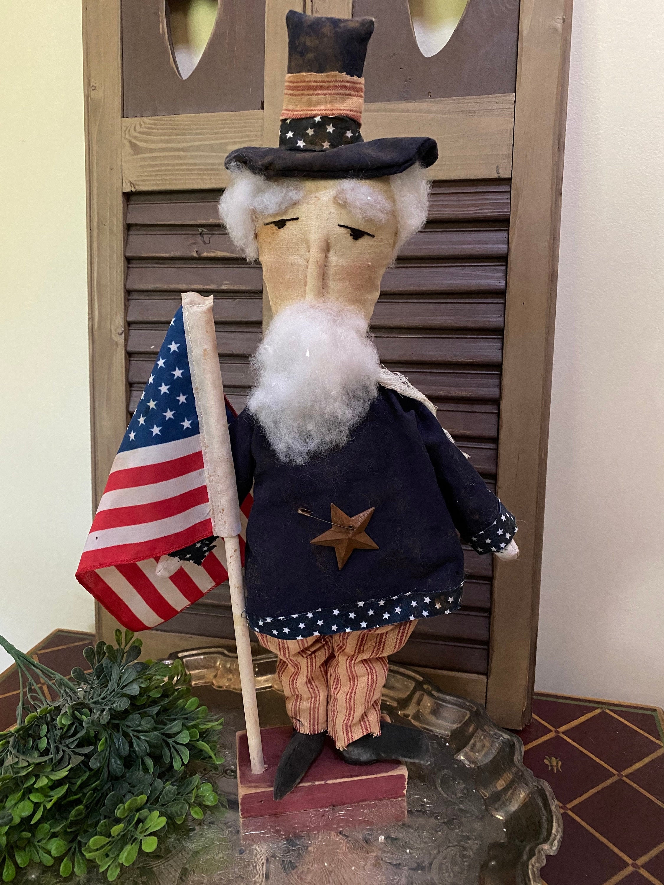 Standing Primitive Uncle Sam on Wooden Base, Farmhouse Uncle Sam