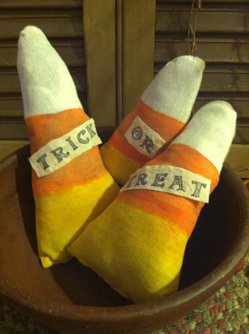Primitive Halloween Set of 3 Fabric Trick or Treat Candy Corn Ornie or ...