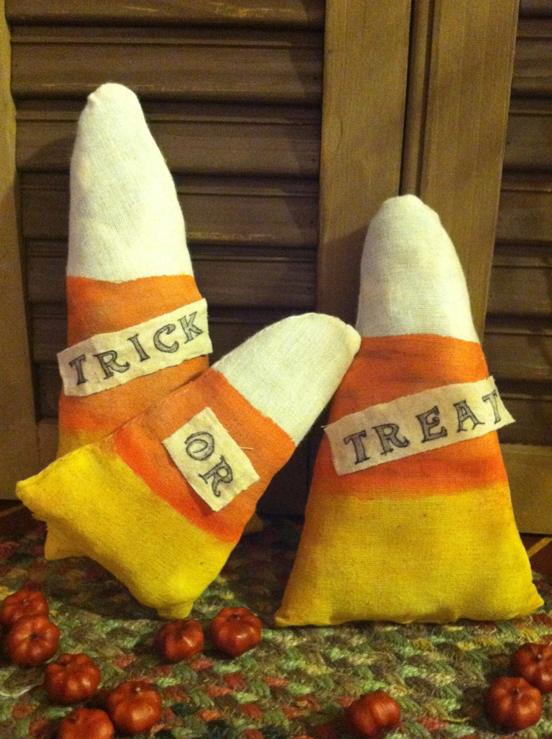 Primitive Halloween Set of 3 Fabric Trick or Treat Candy Corn Ornie or ...