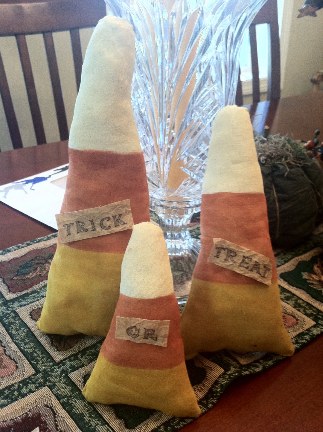 Primitive Halloween Set of 3 Fabric Trick or Treat Candy Corn Ornie or ...