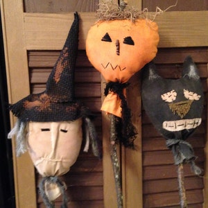 Primitive Halloween Set of 3 Pokes and/or Tucks, Witch, Pumpkin and Cat Decoration