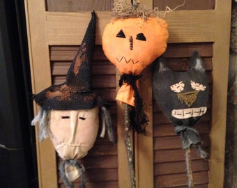 Primitive Halloween Set of 3 Pokes and/or Tucks, Witch, Pumpkin and Cat Decoration