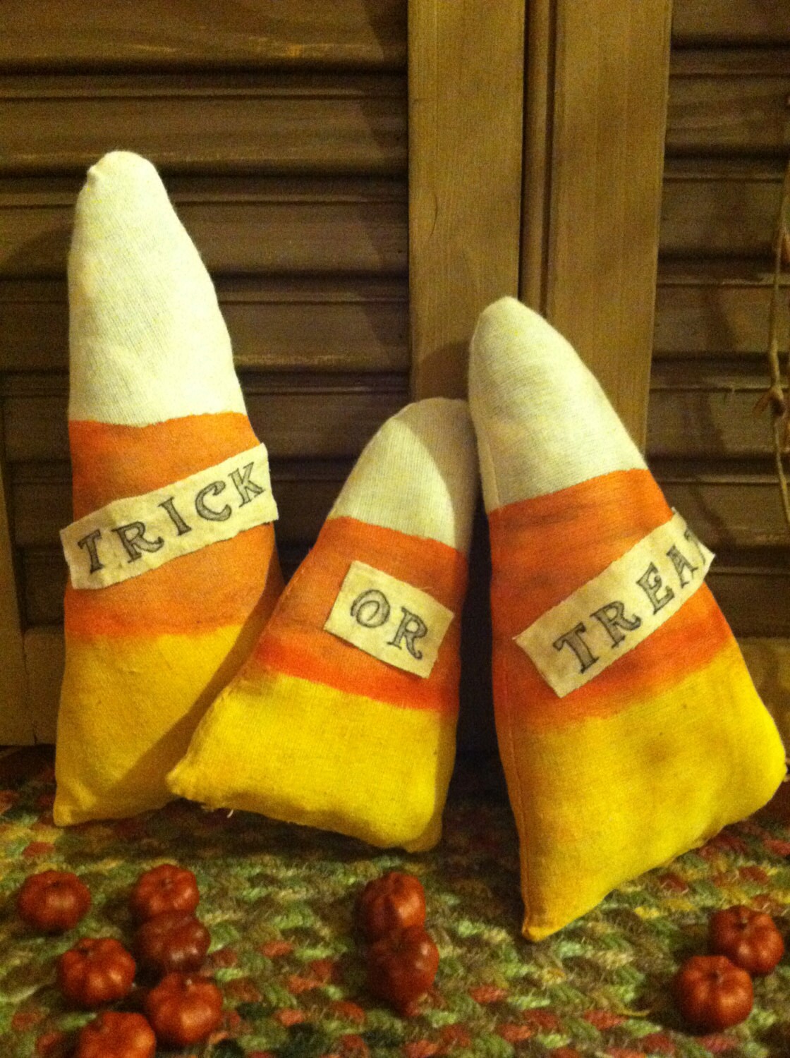 Primitive Halloween Set of 3 Fabric Trick or Treat Candy Corn Ornie or ...