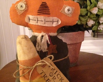 Primitive Handmade Halloween Pumpkin Man with Candy Corn Trick or Treat