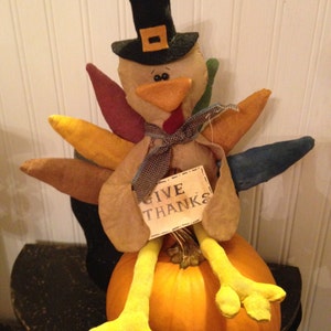 Thanksgiving Pilgrim Primitive Turkey with Colored Feathers, Give Thanks, Handmade