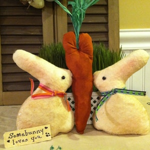 Primitive Bunnies Kissing with Carrot Heart, Somebunny Loves You Doll