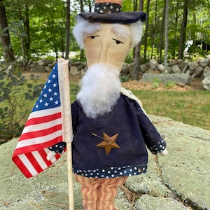 Standing Primitive Uncle Sam on Wooden Base, Farmhouse Uncle Sam, Uncle Sam Figure, Uncle Sam Doll image 3