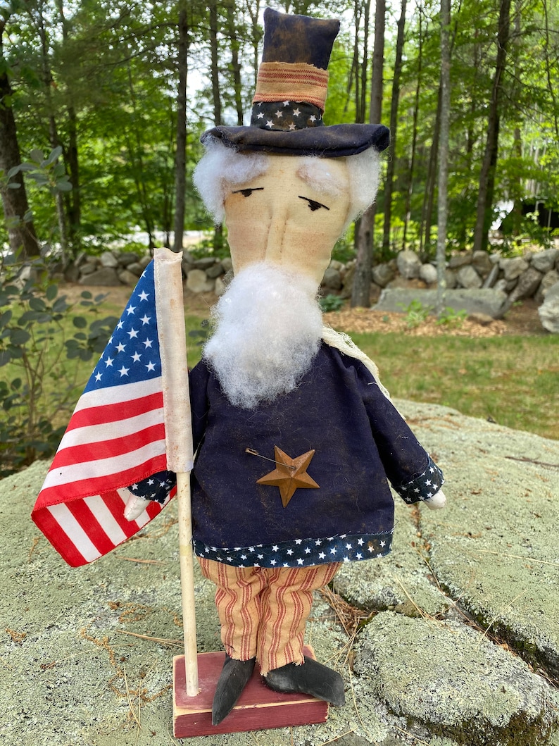 Standing Primitive Uncle Sam on Wooden Base, Farmhouse Uncle Sam, Uncle Sam Figure, Uncle Sam Doll image 3