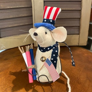 Patriotic Mouse with Firecrackers and Flag, Americana Mouse, Uncle Sam Mouse, Handmade Patriotic Mouse, Tiered Tray Mouse