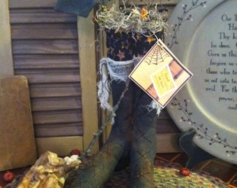 Primitive Old Witches Pair of Boots with Bat and Broom