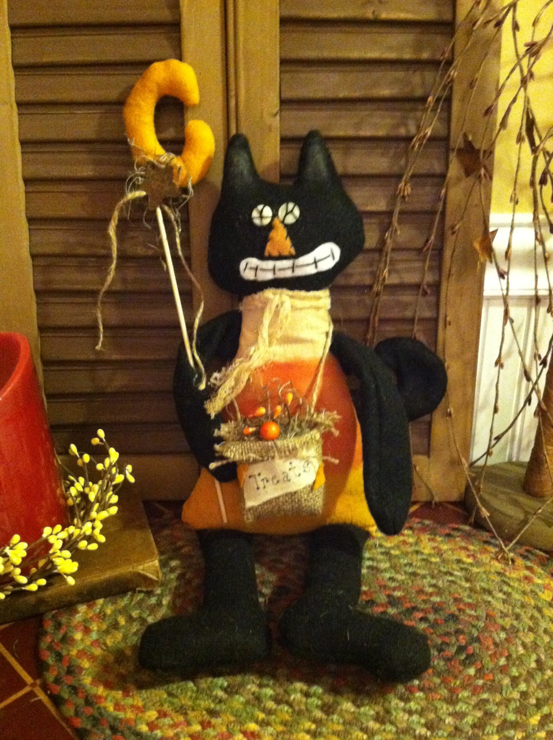 Handmade Primitive Halloween Candy Corn Black Cat Doll With Treat Bag ...