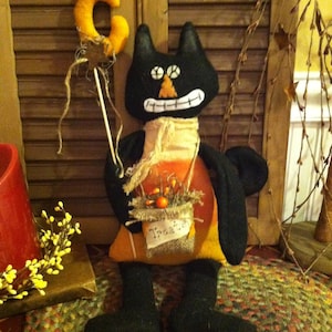 Handmade Primitive Halloween Candy Corn Black Cat Doll with Treat Bag and Moon