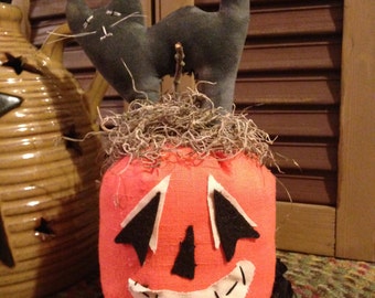Primitive Halloween Cat on top of a Pumpkin, Handmade